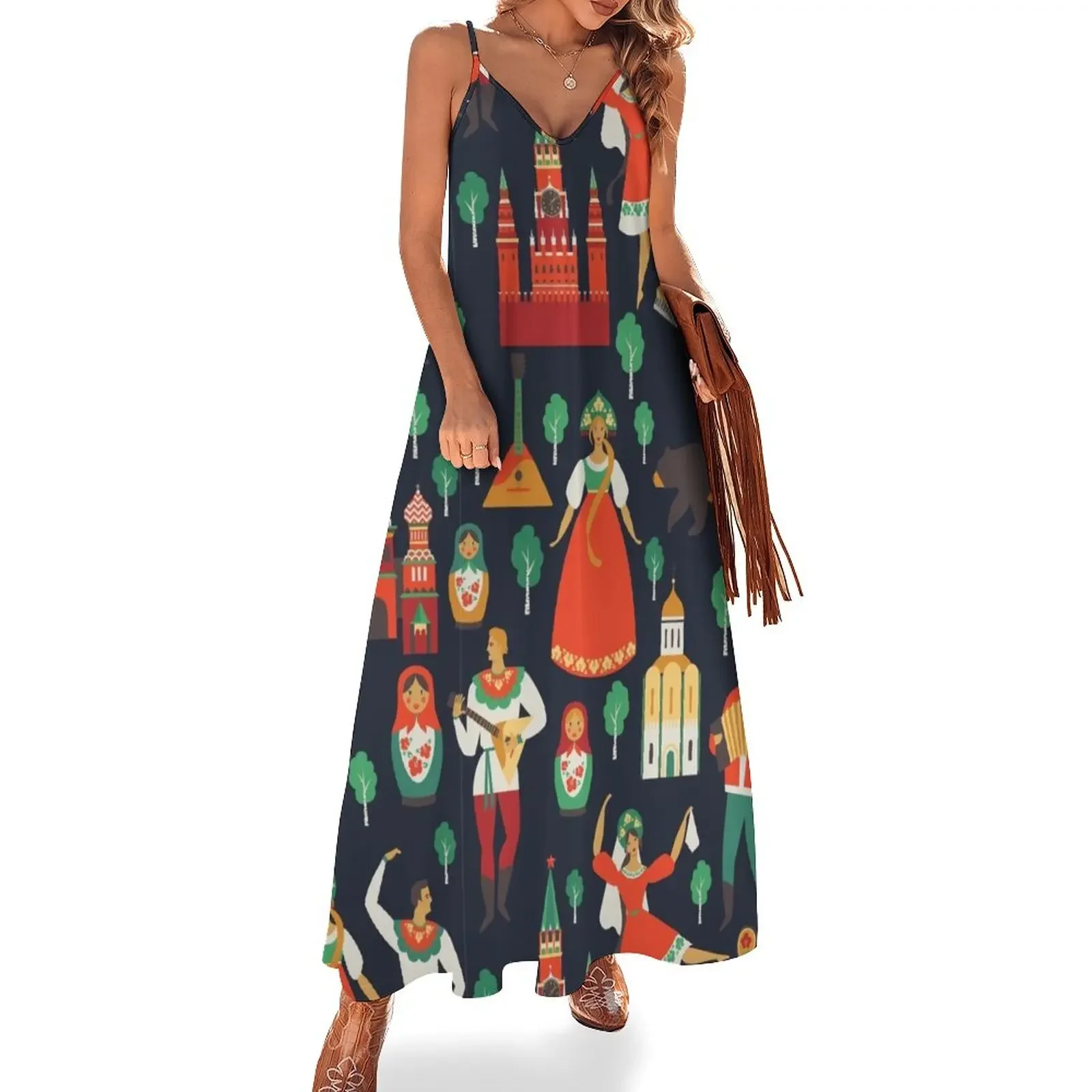 

Russian Folk Doll Pattern Sleeveless Dress elegant party dress for women 2025 evening dress woman