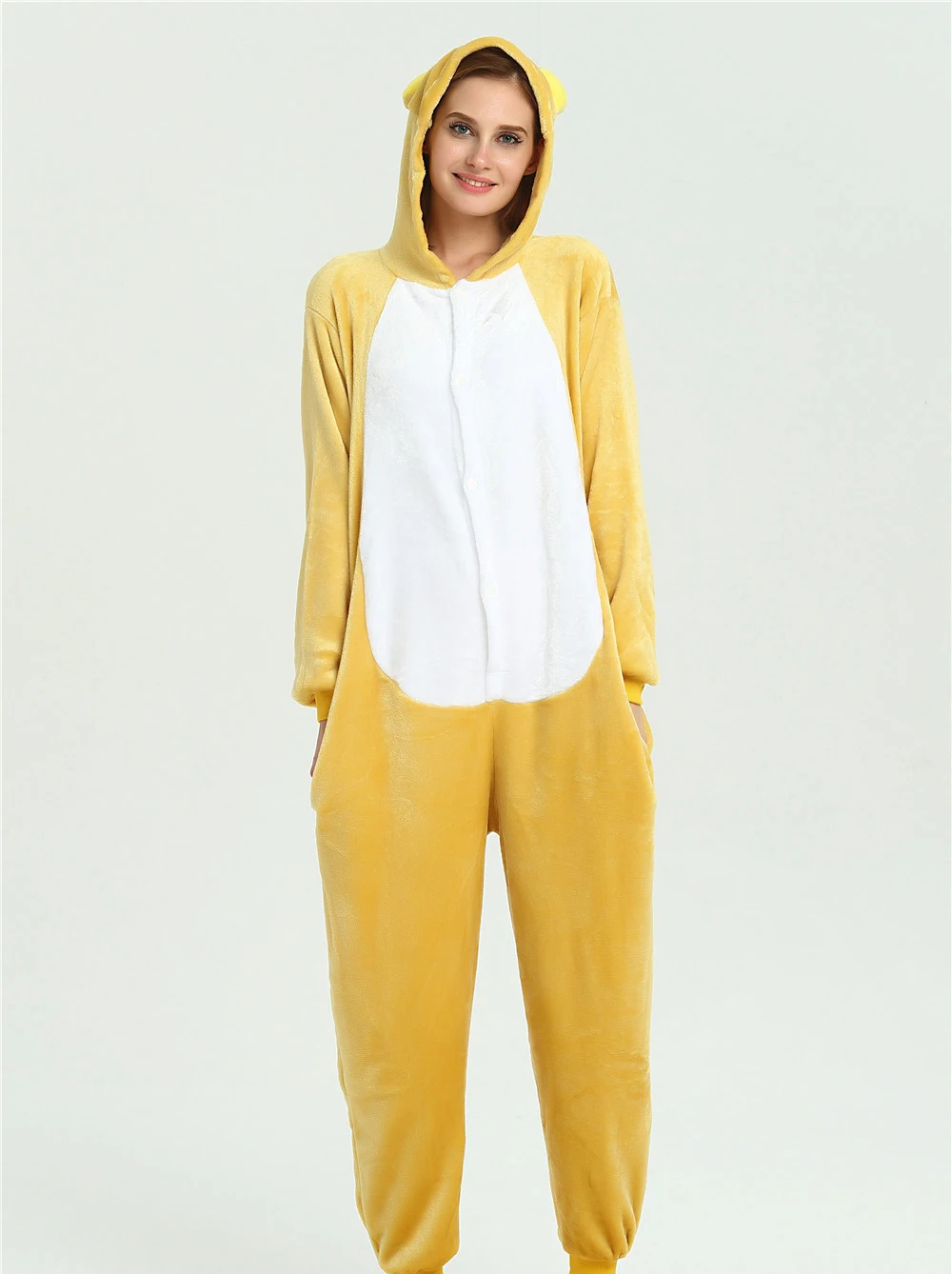 Cute Yellow Lazy Bear Hooded Flannel One-piece Hooded pajamas Button Onesie Couple Cosplay Sleepwear with Pockets