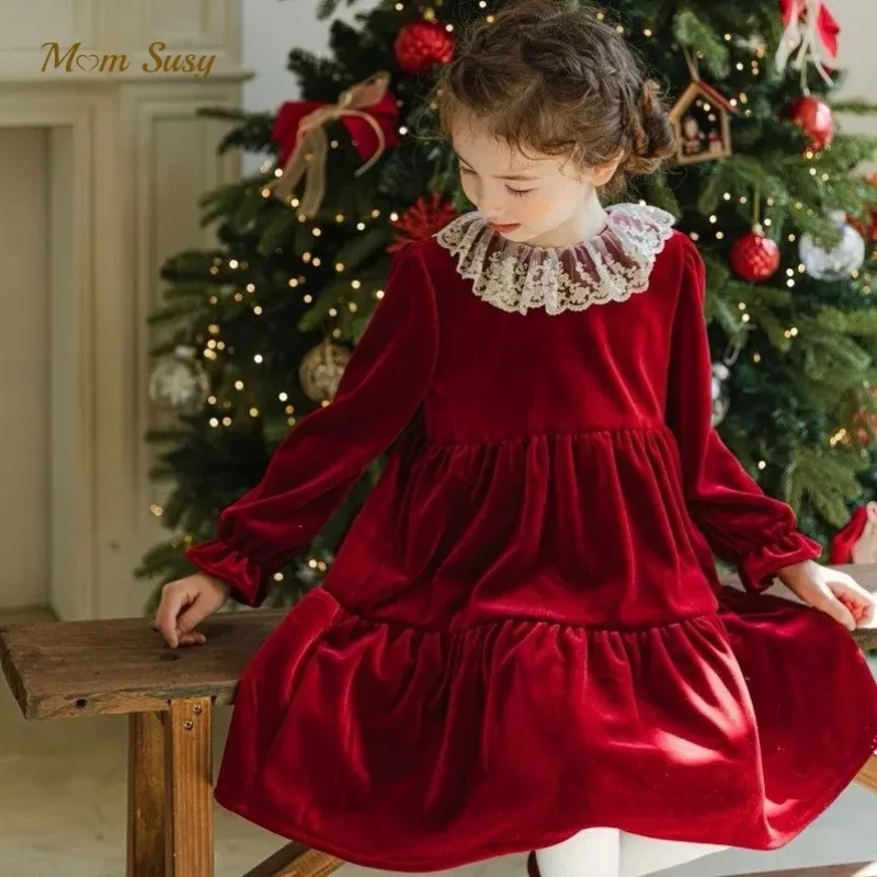 Baby Girl Princess Lace Collar Velvet Dress Romper Long Sleeve Infant Toddler Vestido Party Birthday Christmas Baby Clothes 0-7Y