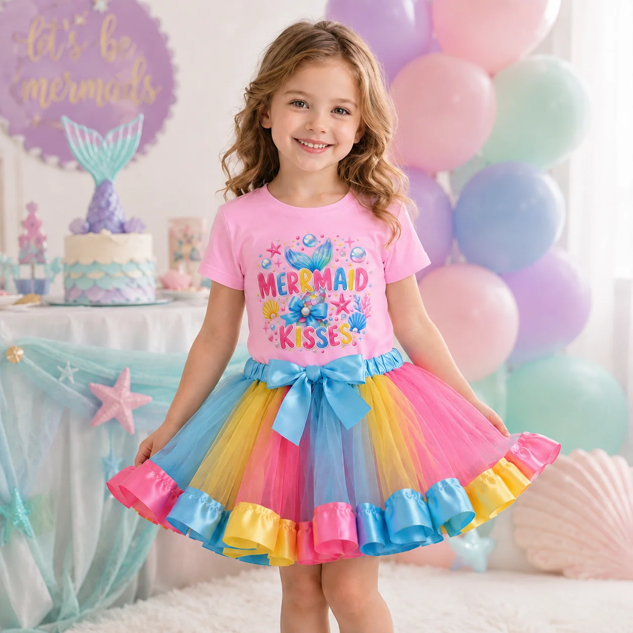 2-teiliges Meerjungfrauen-Outfit für Mädchen, bedrucktes T-Shirt mit „Mermaid Kisses“-Motiv und Regenbogen-Tutu-Rock für Geburtstag/Fotografie – Detail 2