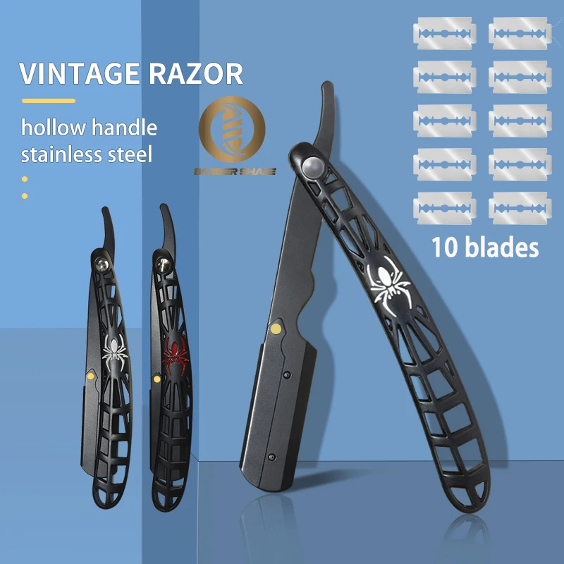 ماكينة حلاقة احترافية قابلة للطي من الفولاذ المقاوم للصدأ، مقبض مقطوع على شكل عنكبوت وسيم مع ملحقات حلاقة بشفرة