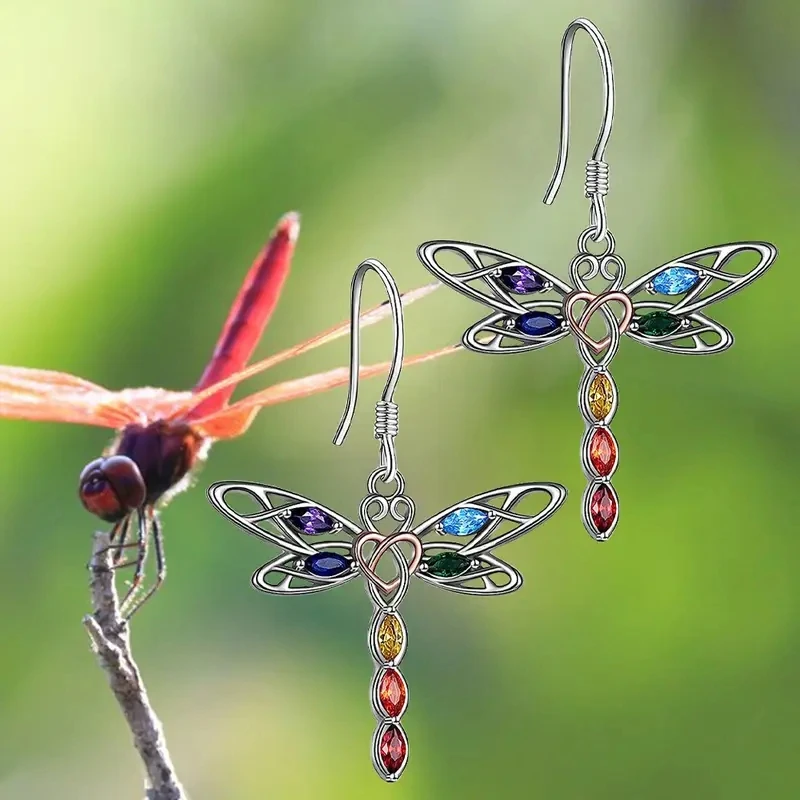 Creative Dragonfly Hollow Shaped Women's Earrings Inlay Colored Synthetic Zircon Rustic Style Dangle Earrings Fashion Jewelry