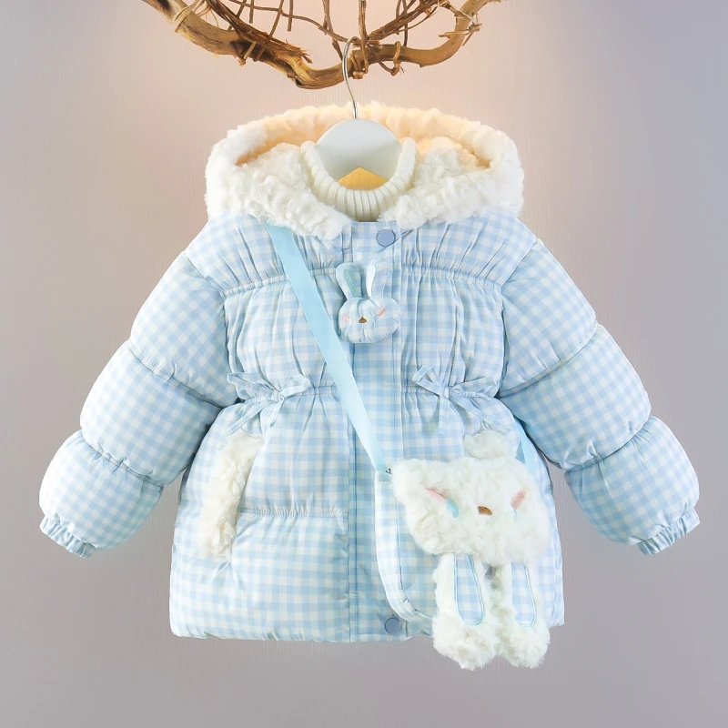 

Thiened Rabbit Ear Hooded Cotton Jaet for Girls Winter Faion Children's Coat Warm Plaid Cotton Clothes Baby Girls' Wint...