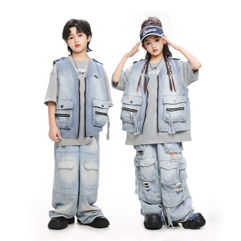 Kid Hip Hop Clothing Denim Sleeveless Jacket Vest Distressed Casual Pockets Jeans Cargo Pants for Girl Boy Dance Costume Clothes