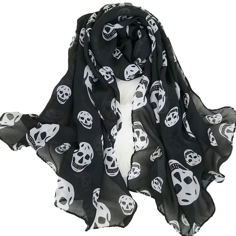 Summer Beach Mulim Women Long Soft Wrap Lady Shawl Silk Chiffon Skull Scarves Leopard Print Shawl All-match Lady Soft Scarf