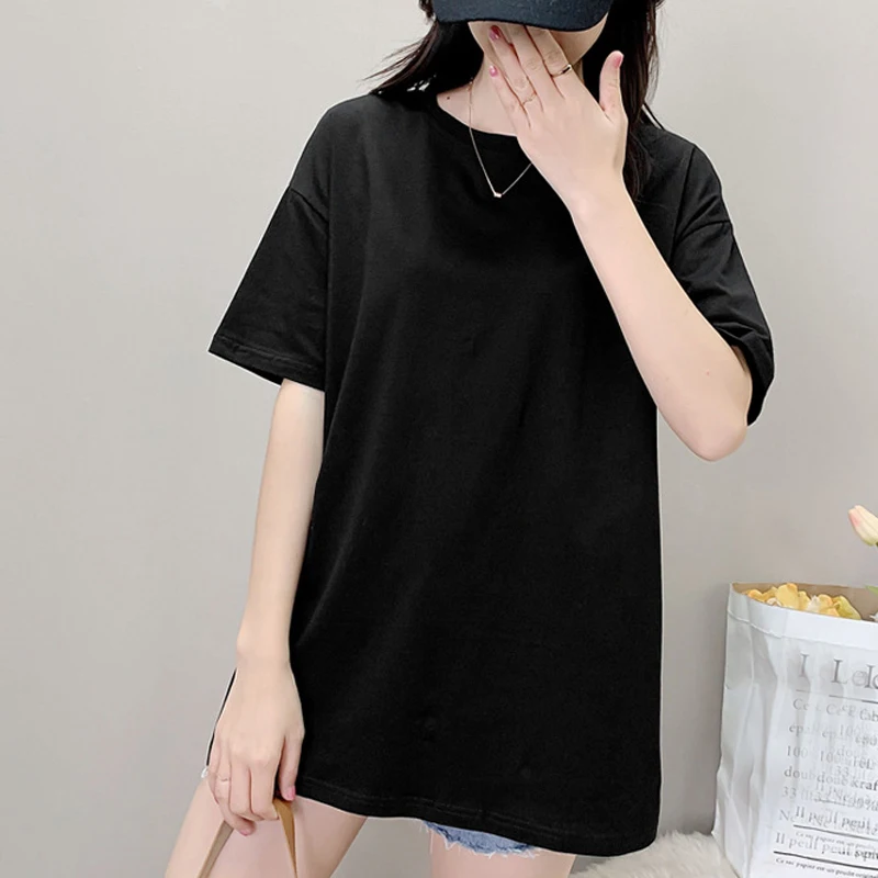 Fashion O-Neck Short Sleeve Cotton Women Tops Black Red  High Quality Loose Casual Tops womens tops