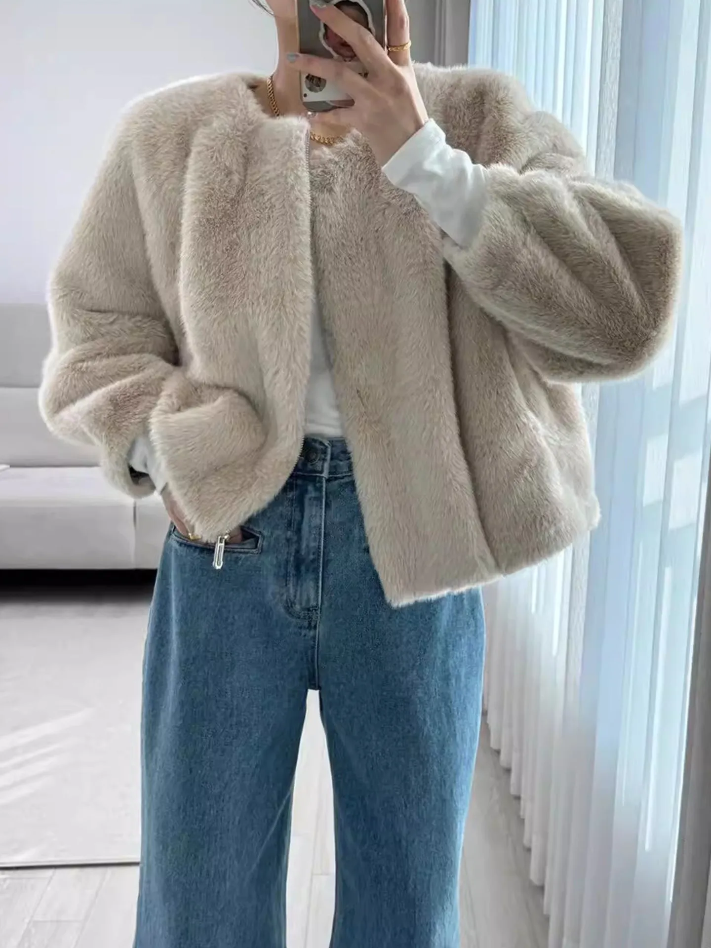 

Женская стильная шуба Clothland с длинными рукавами на молнии, цвет кофе/хаки, однотонная, утепленная, модная куртка для женщин, модель CB326