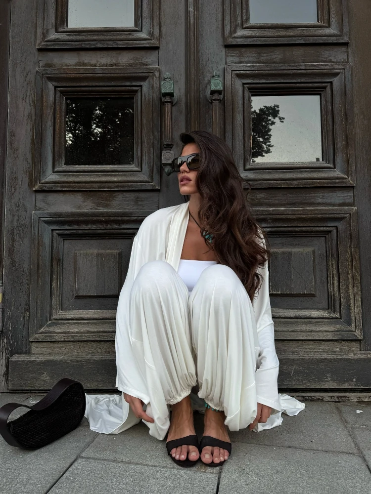 

Fashion Solid Shawl Pant 2 Piece Set Women Full Sleeve Shawl Leg Loose Pleated Pants Suit 2025 Lady Summer Chic Casual Sets