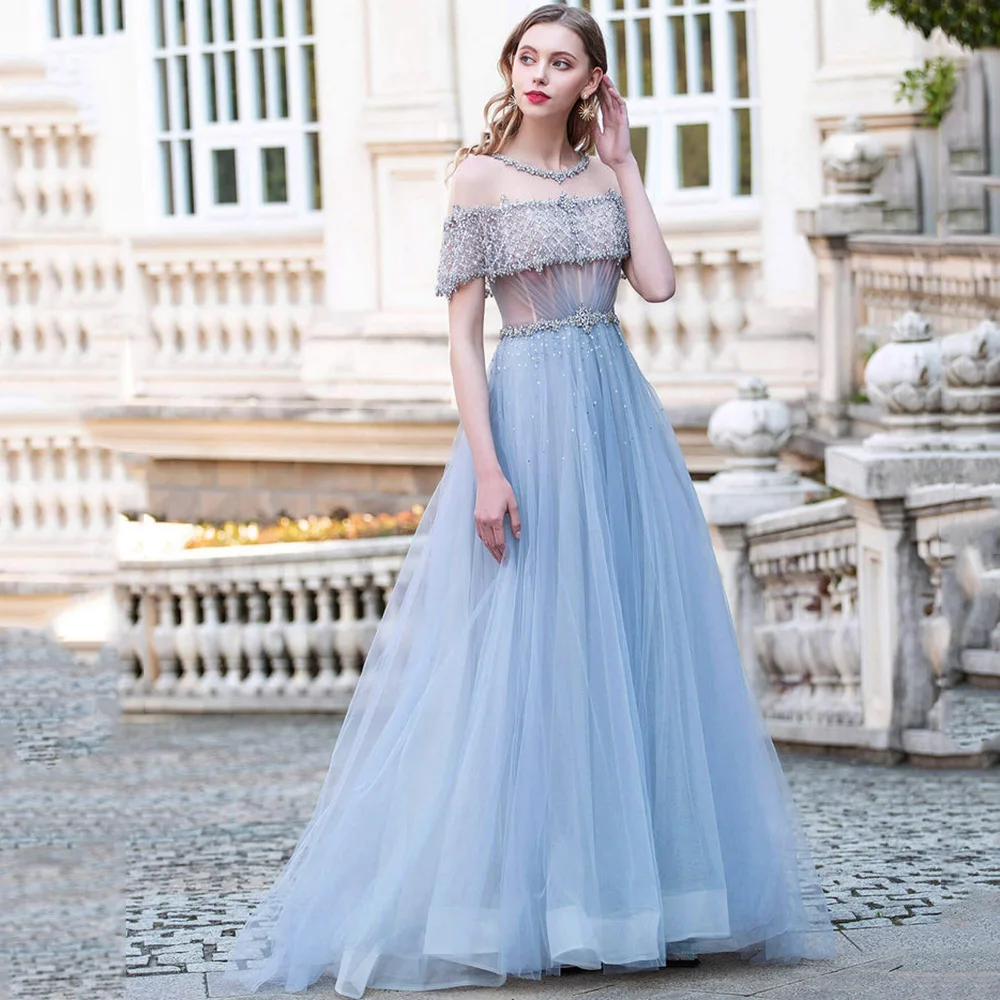 

Sky Bule Illusion O Neck Evening Dresses For Women A Line Off The Shoulder Tulle Sleeveless Sweep Train Prom Party Gowns 2023