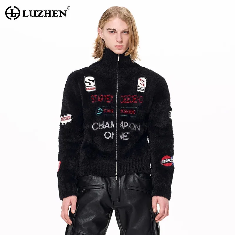 

LUZHEN 2025 Winter New Fashion Original Embroidery Pattern Stand Neck Knitted Cardigan Men Handsome Elegant Male Sweater JY5658