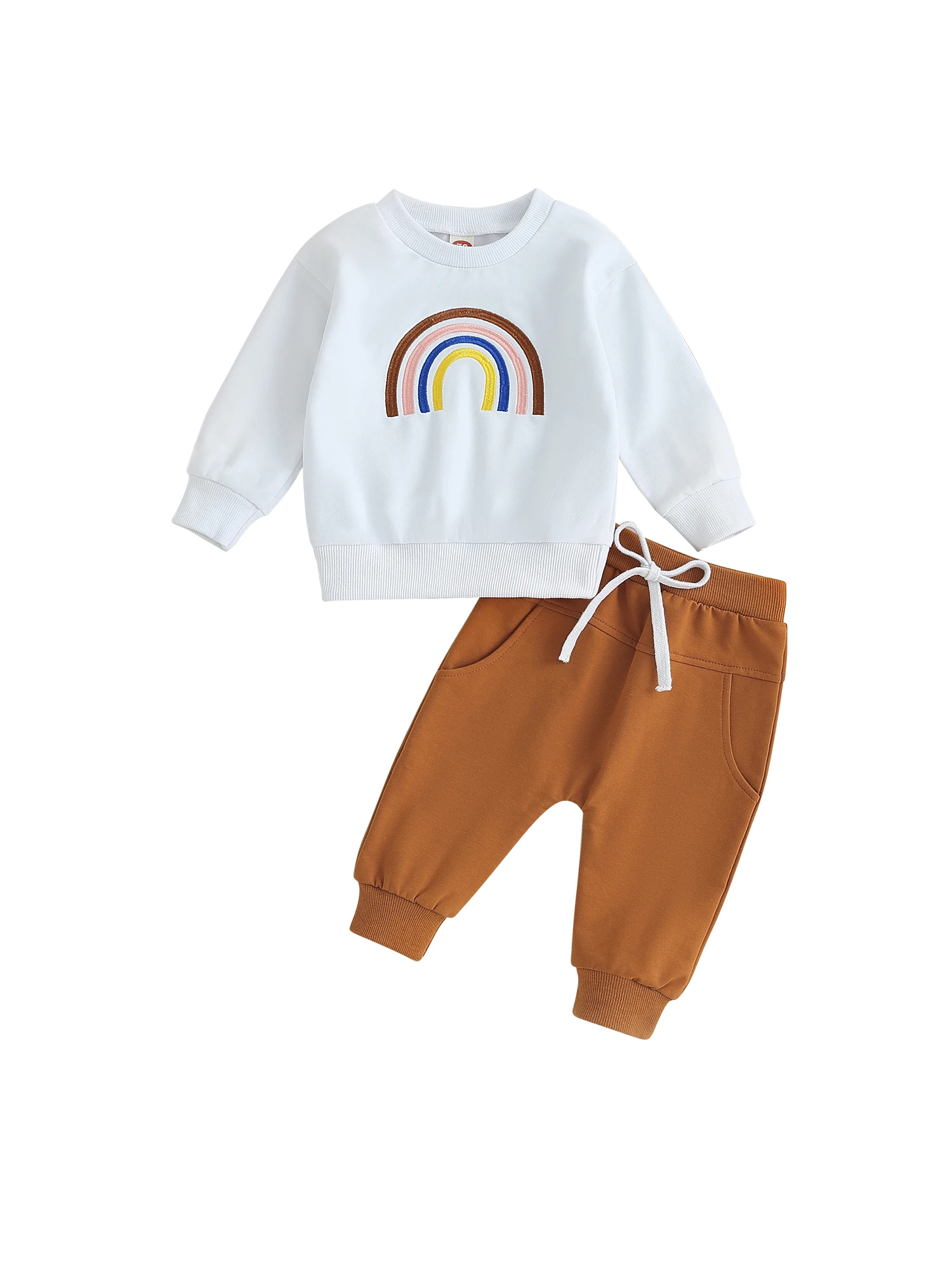 Cute Infant Unisex Outfit Colorful Rainbow Patterned Long Sleeve Crewneck Sweatshirt and Pants Set for Fall and Winter