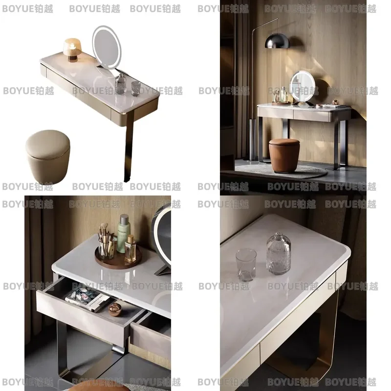 Minimalist Marble Vanity Table with Mirror Stainless Steel Dresser Set Stool Light Luxury Bedroom Makeup Desk Small Space