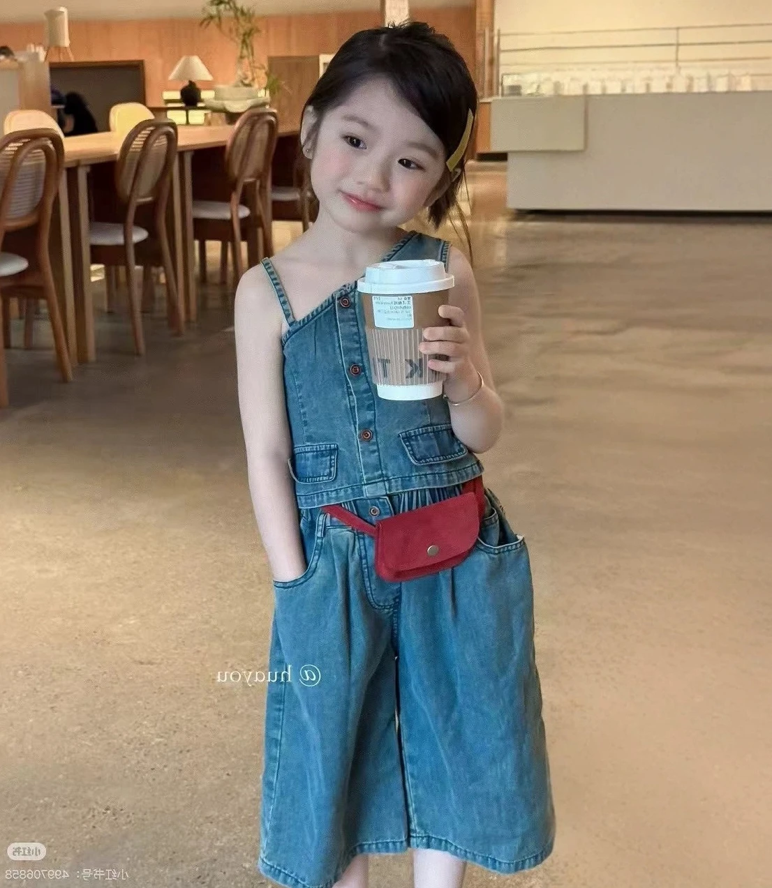 

Girls Korean Denim Camisole Tank Top Wide Leg Pants Two-piece Set 2025 Summer New Children Clothing