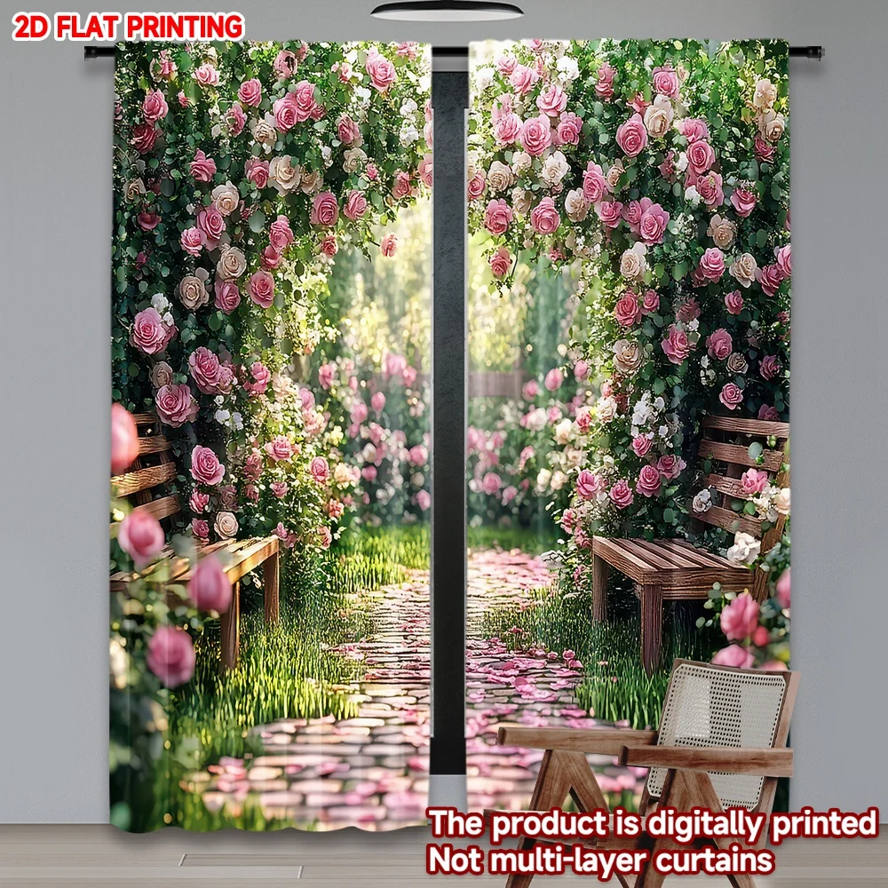 

2D flat printing 2pcs Window Curtains Garden Rose Pathway Digital Printed Polyester Drapes Festive Wall Decor Use for Home Decor