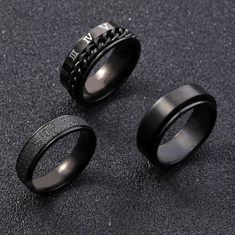 Men Black Stainless Steel Fidget Spinner Ring Roman Numeral Chain Frosted Sandblast Wide Band Stress Relief Punk Daily Jewelry