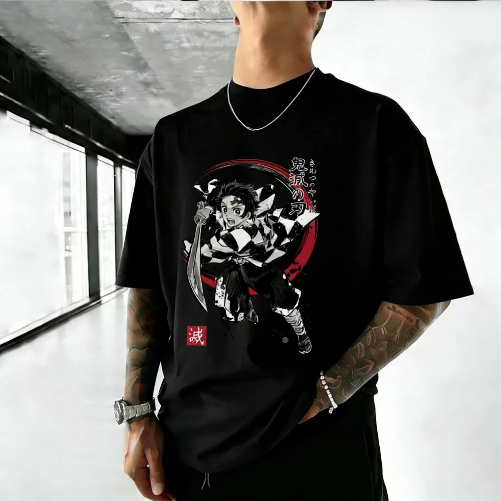 

Unisex Pure Cotton T-shirt Demon Slayer Kamado Tanjiro 2026 Summer Harajuku Anime Print Plus Size Loose Family Short Sleeved Top
