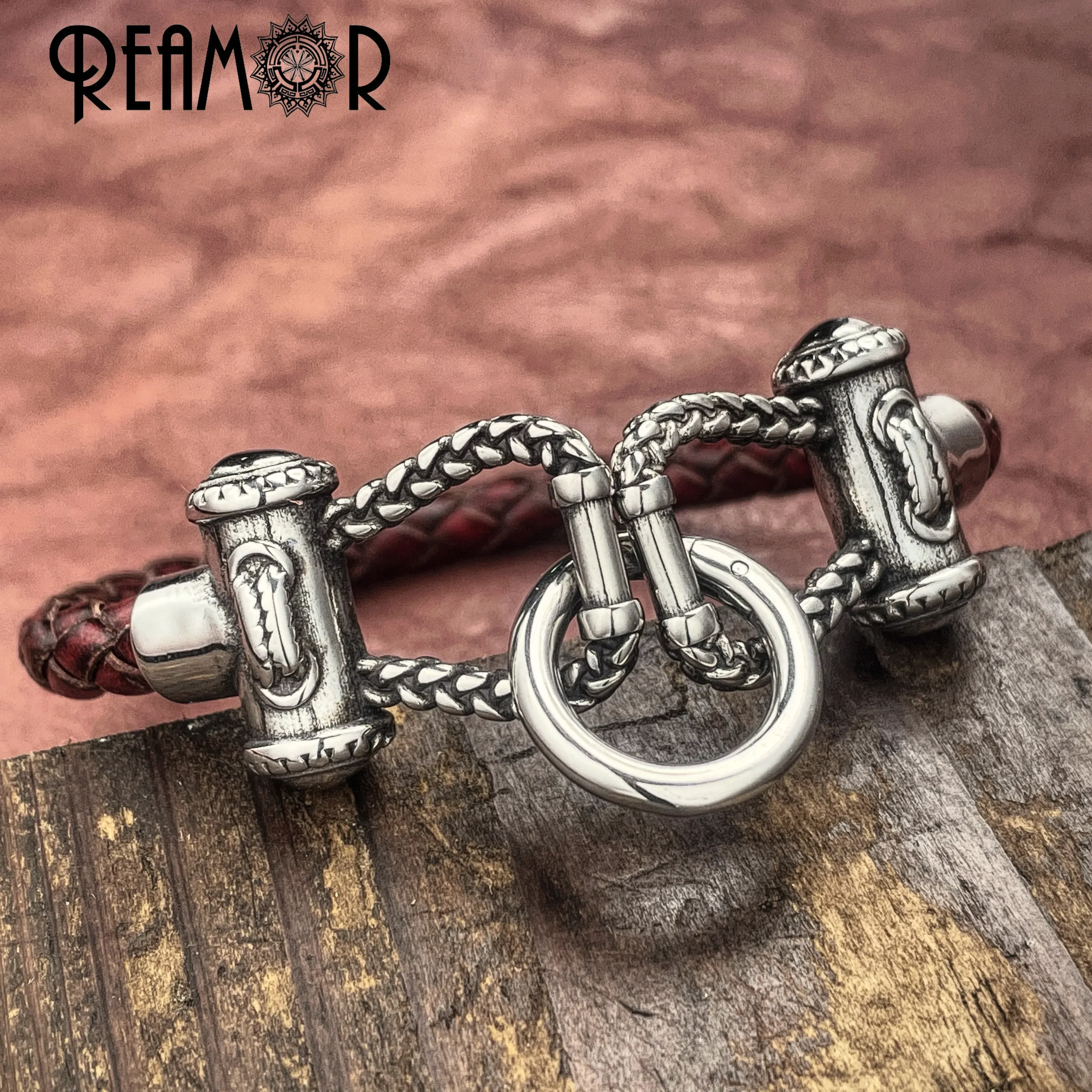 REAMOR Vintage Fixing Steel Wire Genuine Leather Cuff Bangles 316l Stainless Steel Rope Link Bracelet For Men Jewelry