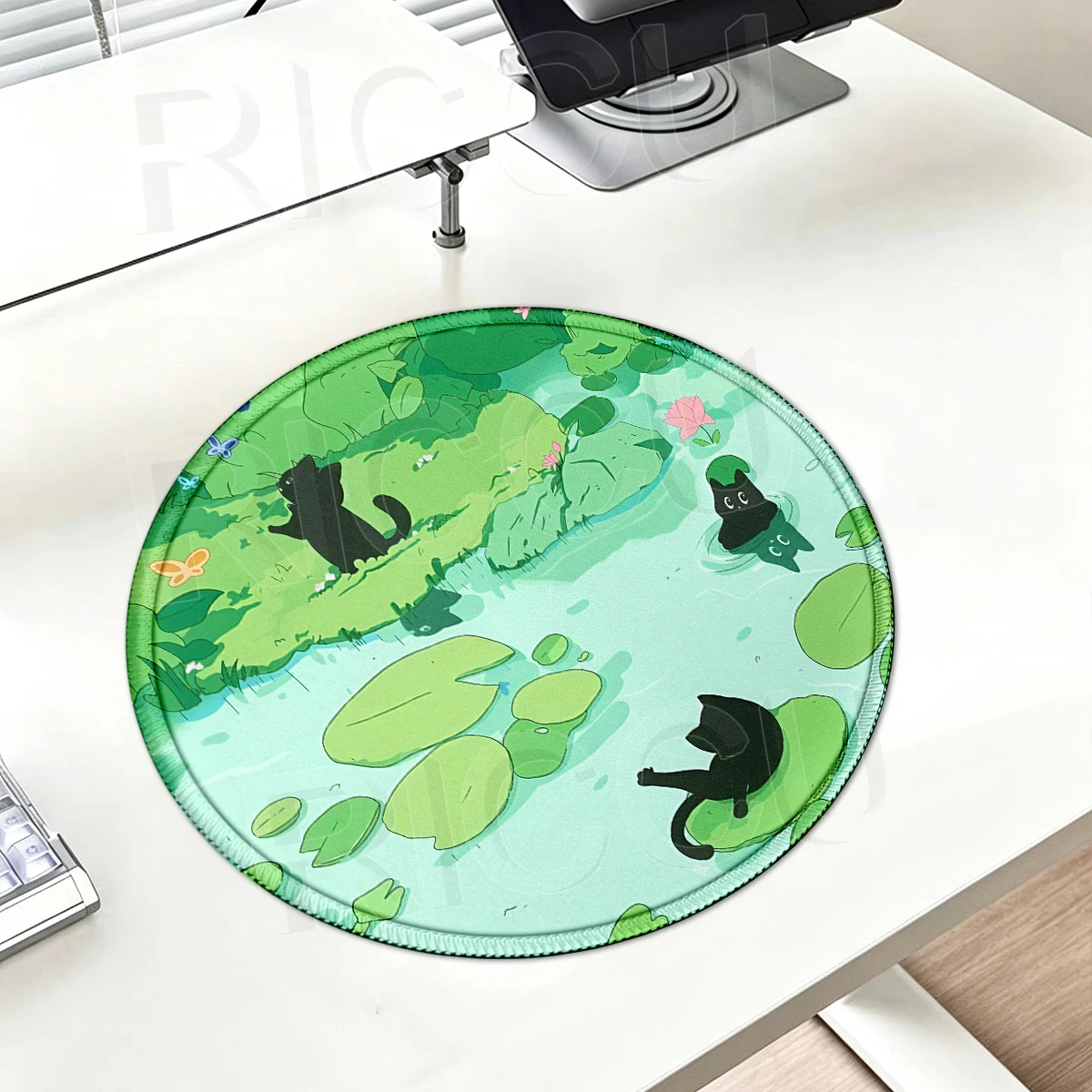 Ronde muismat Leuke zwarte kat bureaumat Groene plant rubberen muismat Esthetisch bureauaccessoire voor kantoorlaptop Computertafelmat