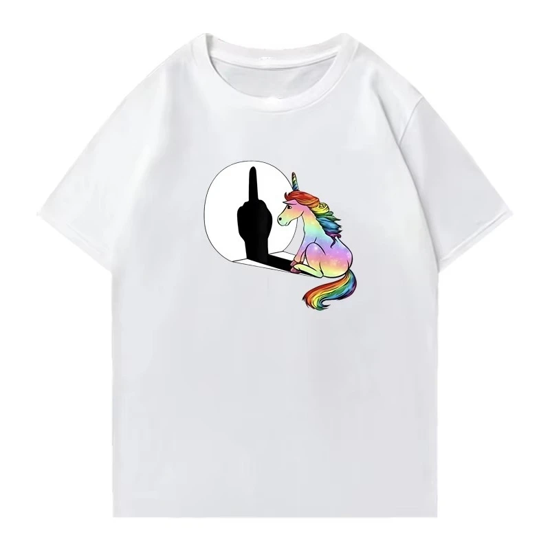 2025 Women's Fashion Unicorn Mid Finger Hip Hop Large Cotton Short Sleeve T-shirt Round Neck Unisex Casual Trend Y2 Harajuku Top
