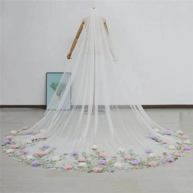 3 D Organza Flowers Floral Bridal Wedding Veils Cathedral For Brides Unique Colorful Leaves Pink Green Blue White Ivory Tulle