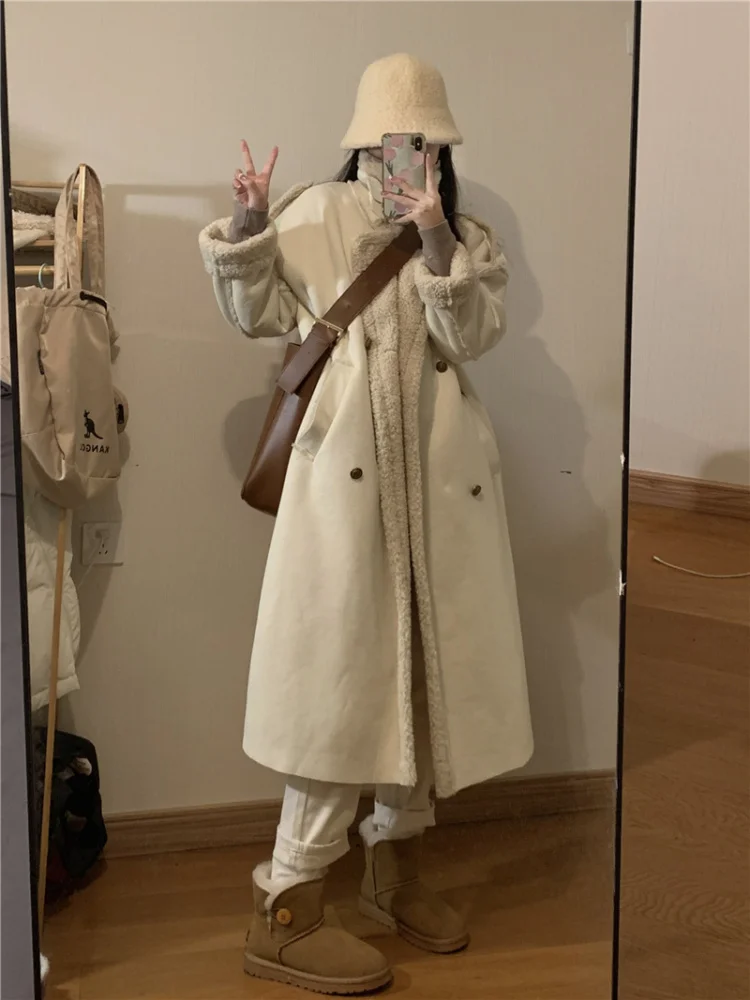 Women Winter Long Lamb Fur Coat Vintage Loose Lapel Collar Overcoat Thick Warm Outerwear Female Suede Plush Coats