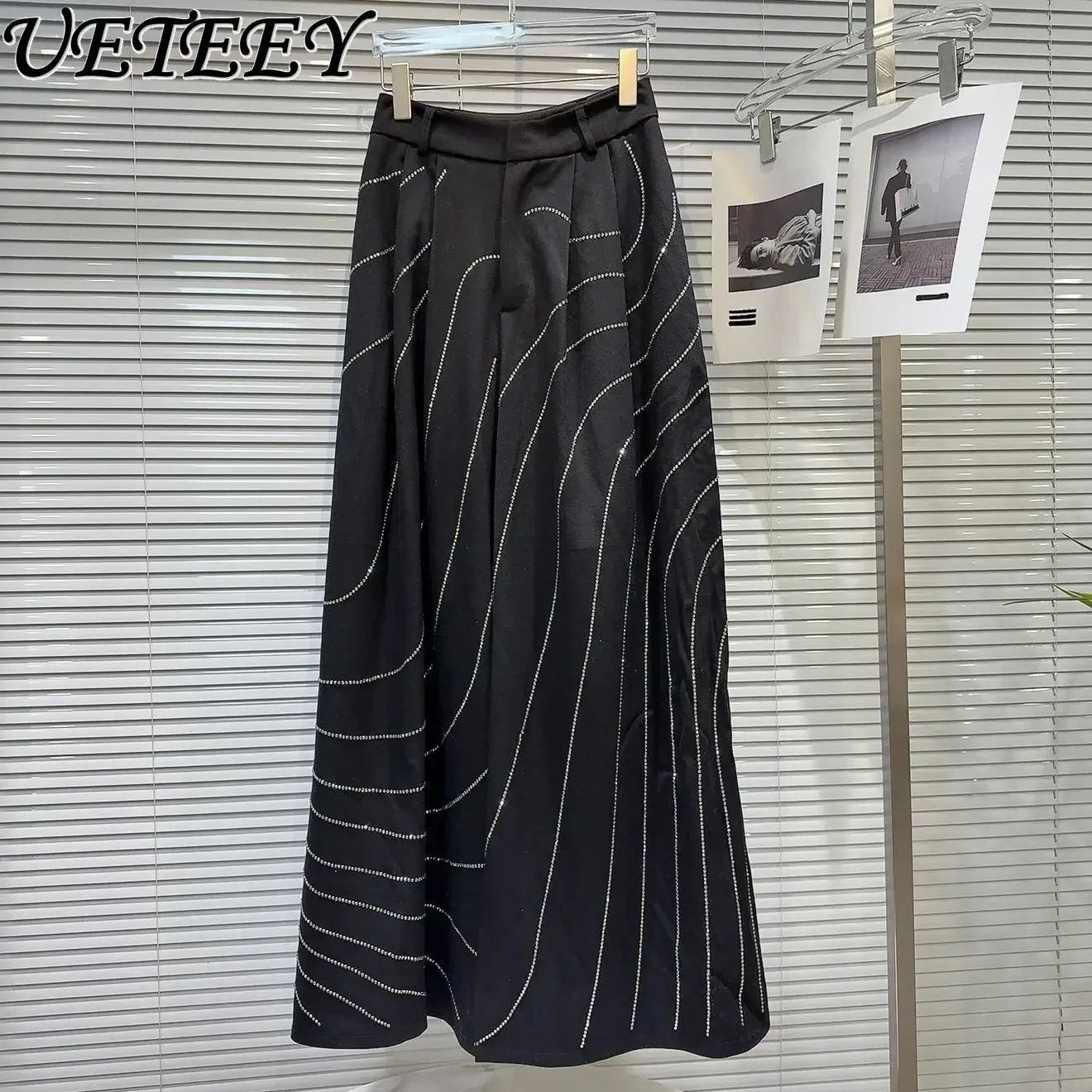 

Spring Autumn New Wavy Hot Diamond Heavy Industry Fashion Wide-leg Casual Pants Women's High Waist Black Versatile Trousers