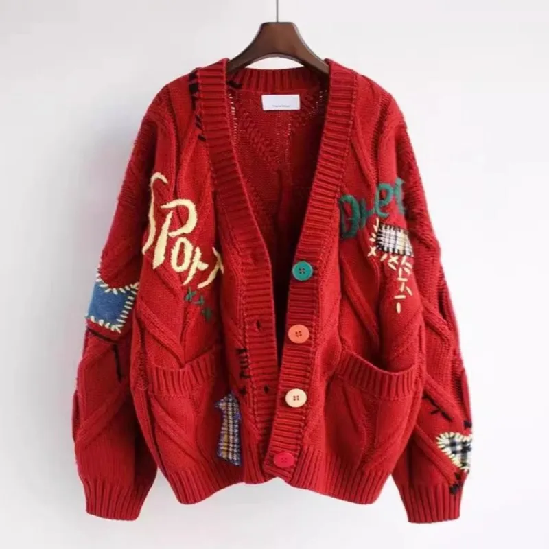 Fashion embroidered sweater for women in autumn and winter 2025 new loose cardigan knitted jacket Pink Red