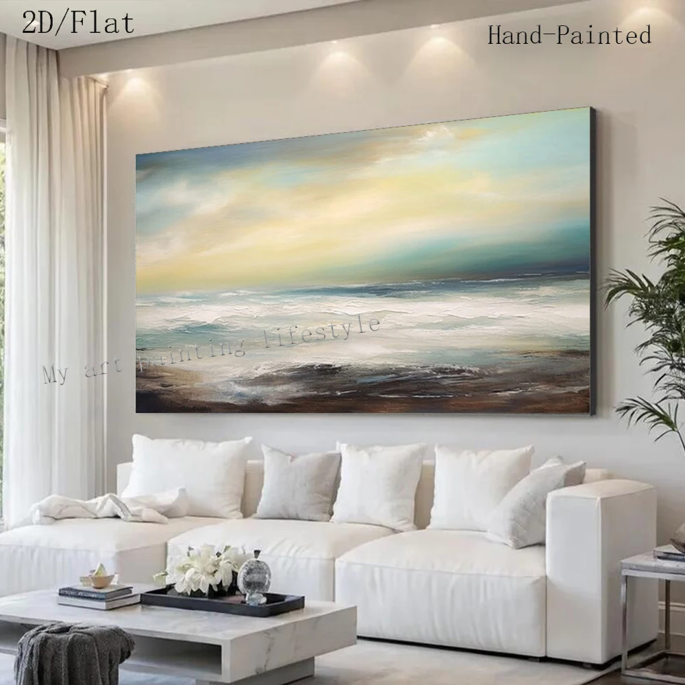 100% Hand Drawn Abstract Oil Painting Large Gold Sea View Wall Art Picture Original Mural for Home Living Room Decor Artwork