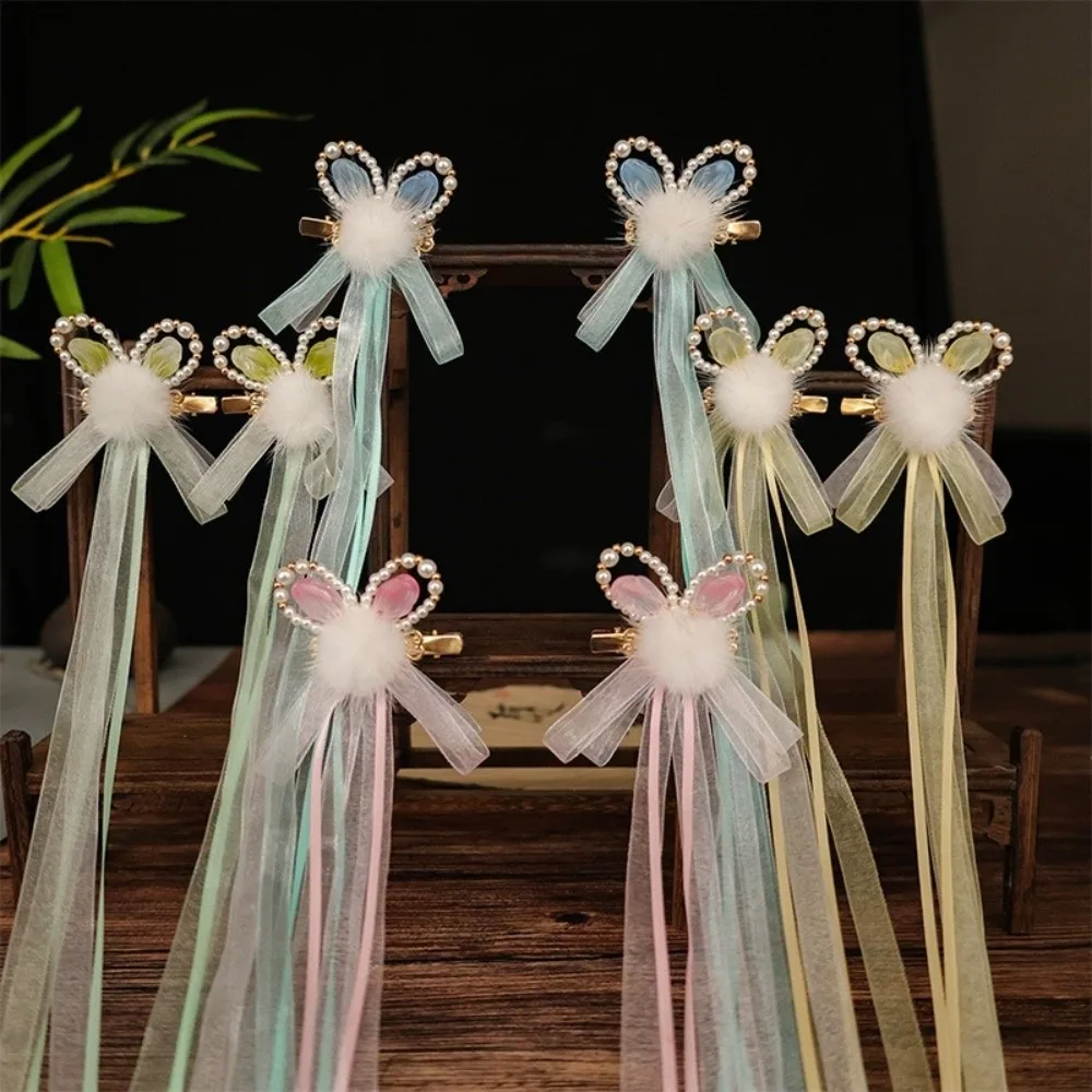 1 Pair Pair Pack Hanfu Hairwear Fur Long Ribbon Bunny Hair Clips Handmade Floral Bead Chinese Hairpins New Year