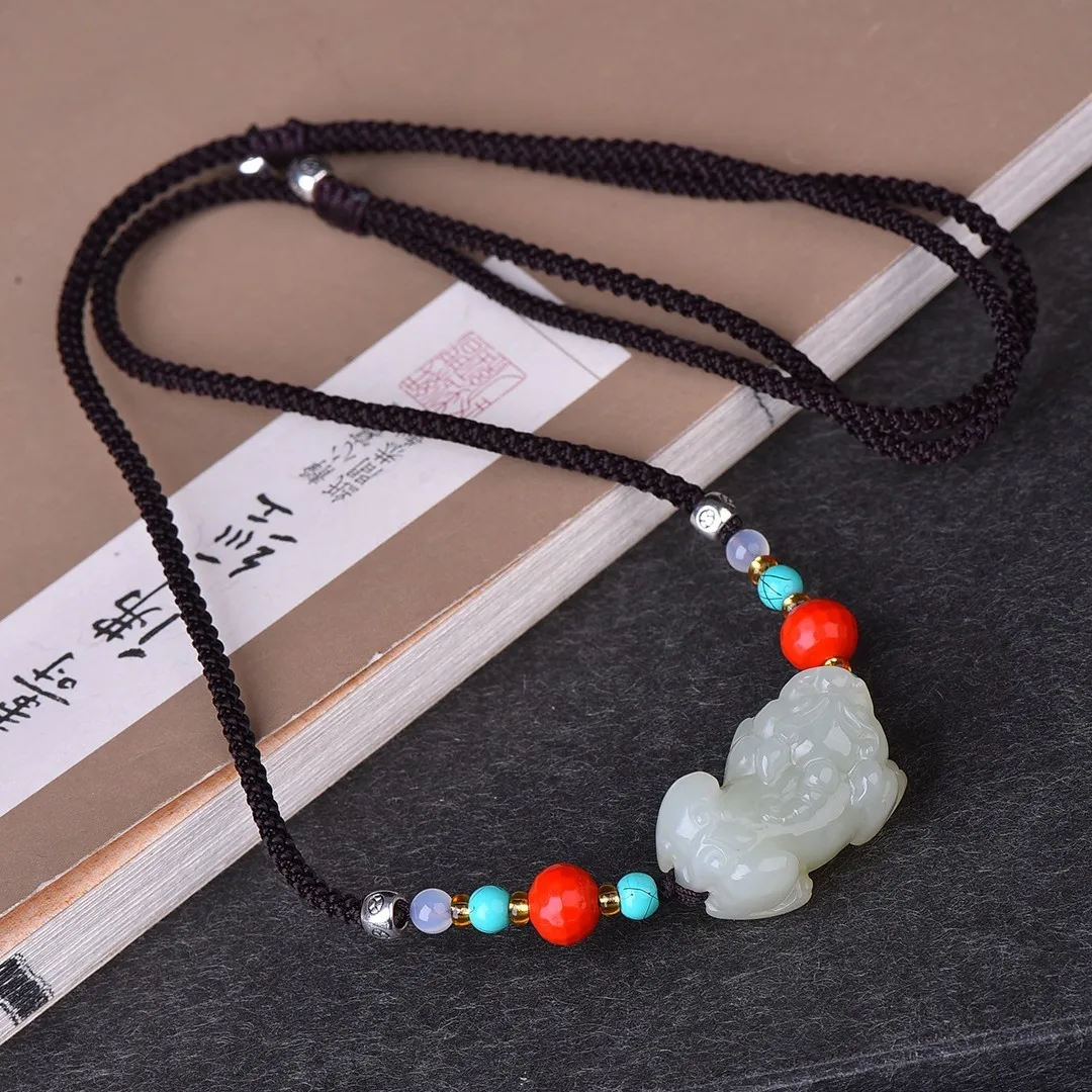 Natural Nephrite White Jade Pixiu Pendant Necklace Men Women Genuine Hetian Jade Fengshui Pi Xiu Charm Clavicle Chain Necklaces