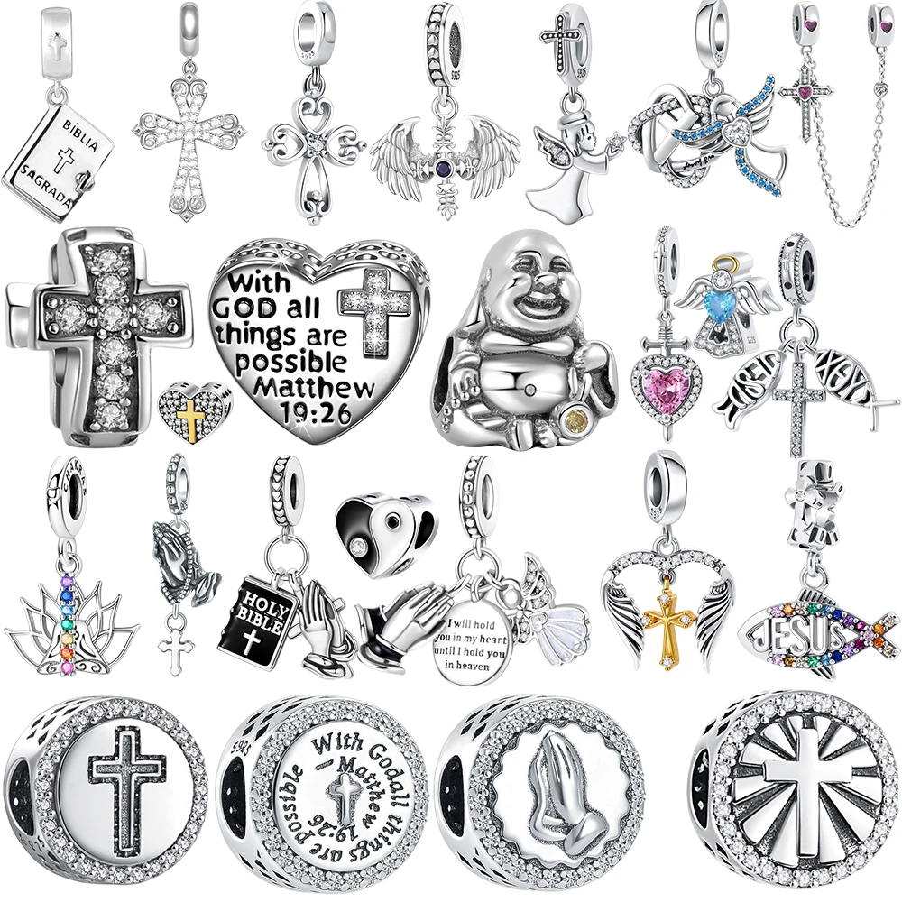 925 Silver Religious Charms Cross Angel Bible Buddha Jesus  Beads Fit Original Bracelet DIY Jewelry Making Christian Faith Gift