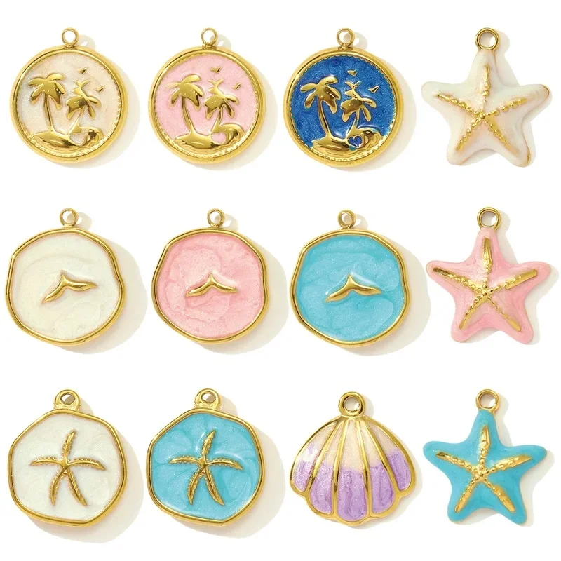 3pcs/Lot Stainless Steel Enamel Starfish Round DIY Charms Palm Tree Fishtail Necklace Pendants Woman Summer Holiday Jewelry