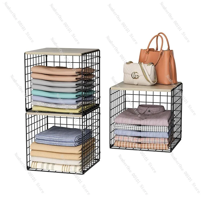Stackable Wardrobe Storage Shelves Wooden Board Clothes Organizer Rack Clothing Storage Basket Multi Layer Storage Rack