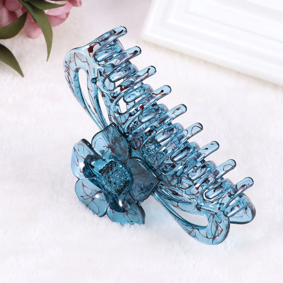 Elegant Large Blue Hair Claw Clip Flower Pattern Clamp for Women Girls Non-Slip Hair Holder Shower Styling Tool