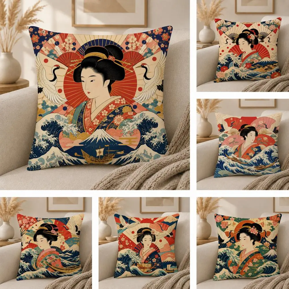 Japanese Inspired Pattern Gift For Asian Culture Lovers Cushion Cover Skin-Soft Pillow Cover Festive Home Accent Sofa Bed