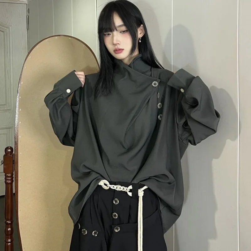 QWEEK Vintage Japanese Women Shirt Irregular Oversized Solid Color Blouse Novelty Harajuku Long Sleeve Button Up Clothes Autumn