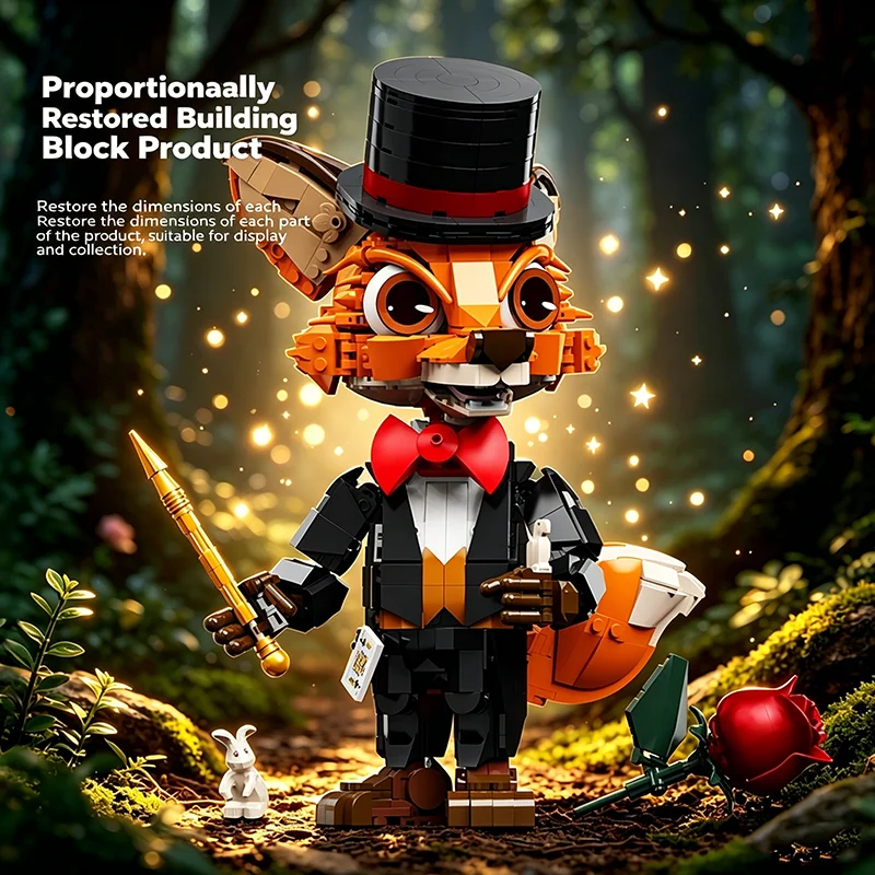 Cartoon Fox Magician Building Blocks stable interlocking structure with magic wand and red rose, adult birthday and holiday gift