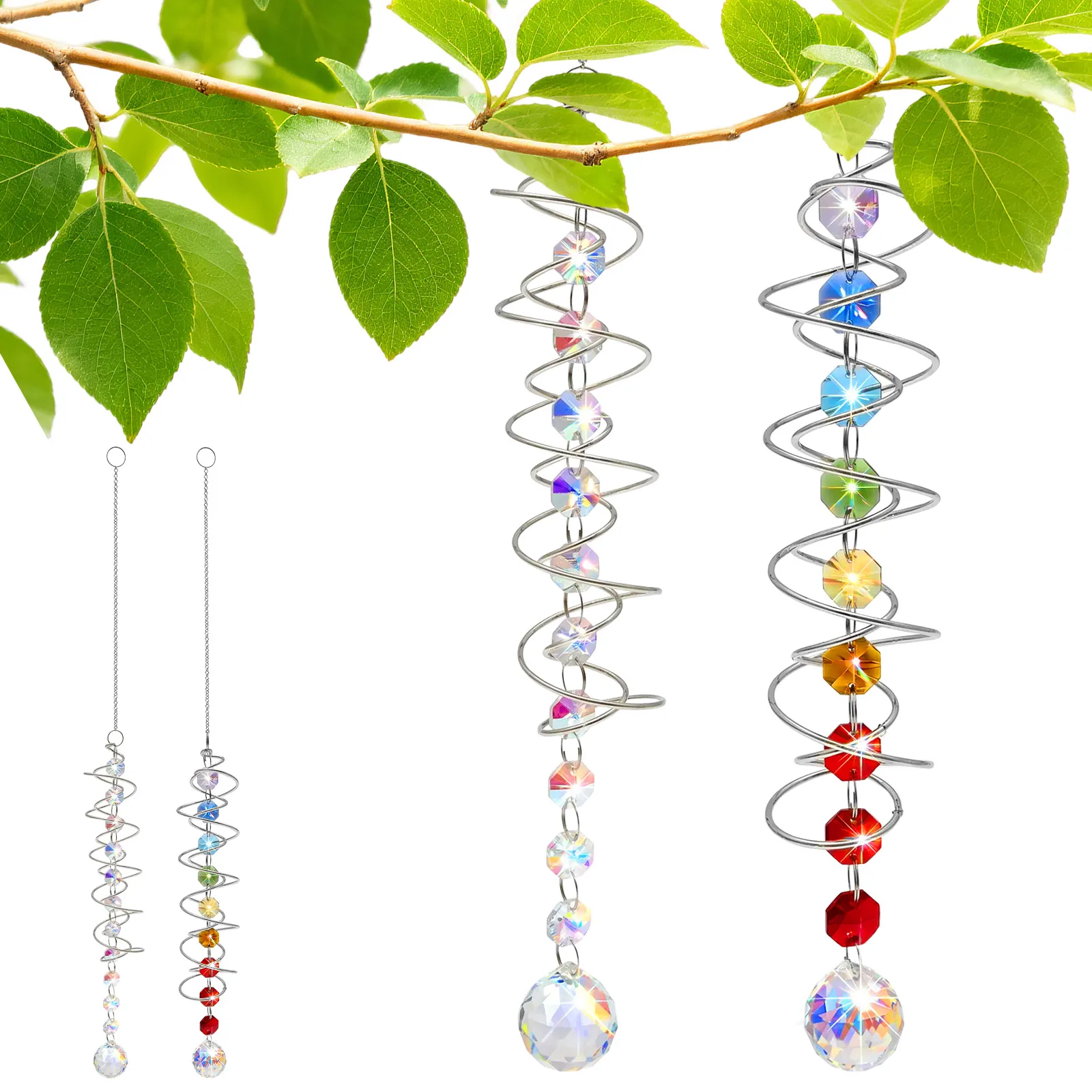 2PCS Suncatcher Wind Spinner Gazing Ball Spiral Tail Crystal Sun Catchers with Spiral Frame Window Suncatcher Hanging for Indoor