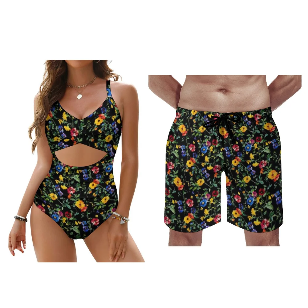 Bikini para mujer, pantalones de playa para hombre, trajes para parejas, patrones personalizables, estilo floral de verano, adecuado para uso en vacaciones