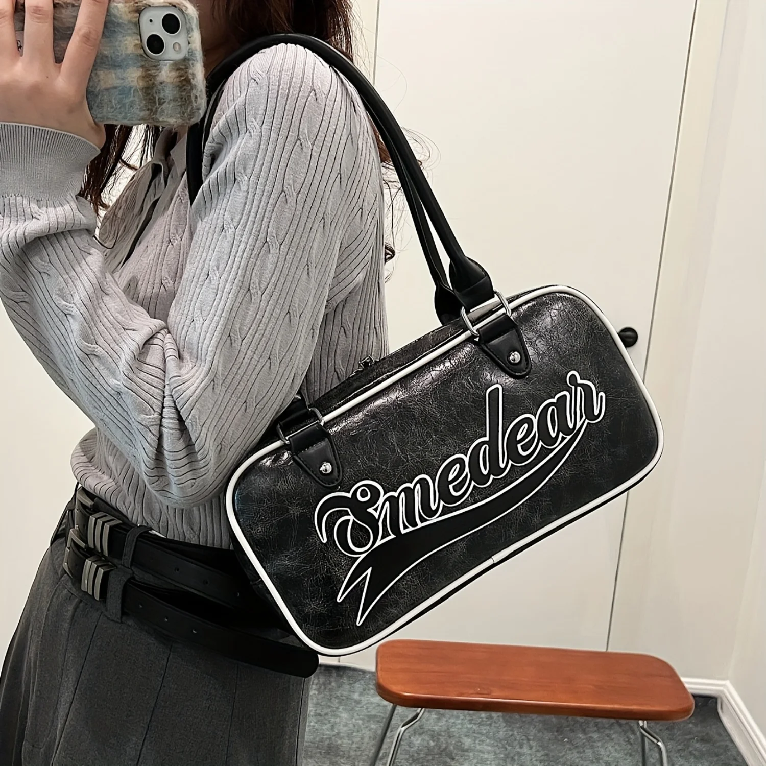 Vintage PU Leather Shoulder Bag, Y2K Letter Graphic Handbag, Retro Preppy Underarm Bag - Stylish Chic Women's Handbag