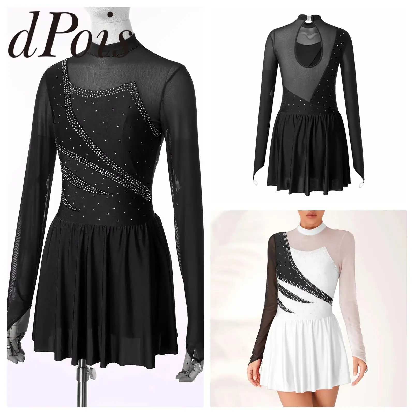 Womens Rhinestone Figure Skating Dance Dresses Performance Ballet Leotard Dress Sheer Mesh Long Sleeve Ice Skating Costumes