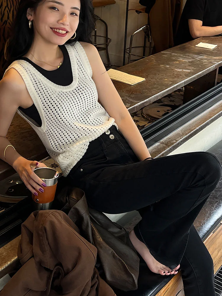 低ネックニット透かし編みベスト レディース 夏 ファッション 多用途 スリム タンクトップ アウター ディープUネック メッシュパネルデザイン