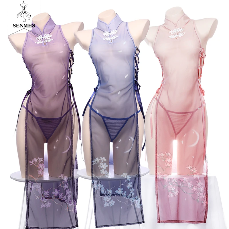 

SENMHS Retro Chinese Cheongsam Uniform Women See Through Cosplay Sexy Lingerie Erotic Print Flower Purple High Fork Dress