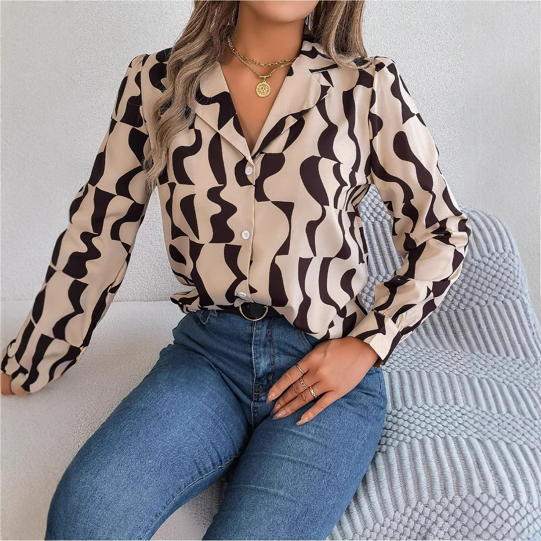 Autumn and Winter Office Lady Shirts Contrast Stripe Notched Collar Long Sleeve Tops Women Single Breasted Elegant Shirt