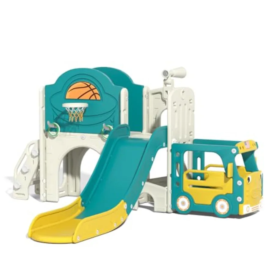 

9 in 1 Toddler Slide, Baby Slide for Toddlers Age 1-6 with Ring Toss, Basketball Hoop and Bus Play House, Indoor Outdoor Slide