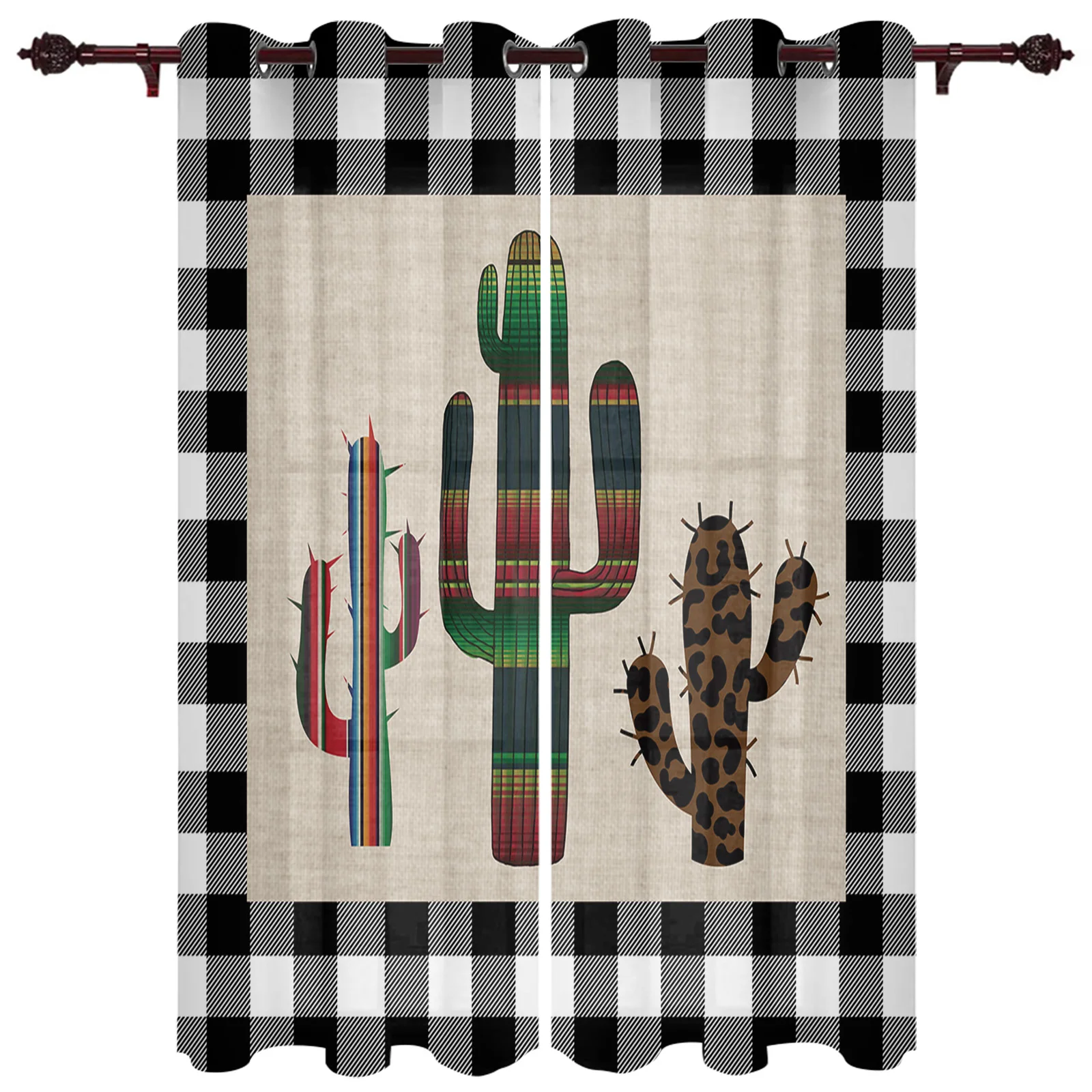 Plaid Leopard Stripe Cactus Window Curtains In The Living Room Kitchen Window Curtains Drapes Printed Window for Bedroom