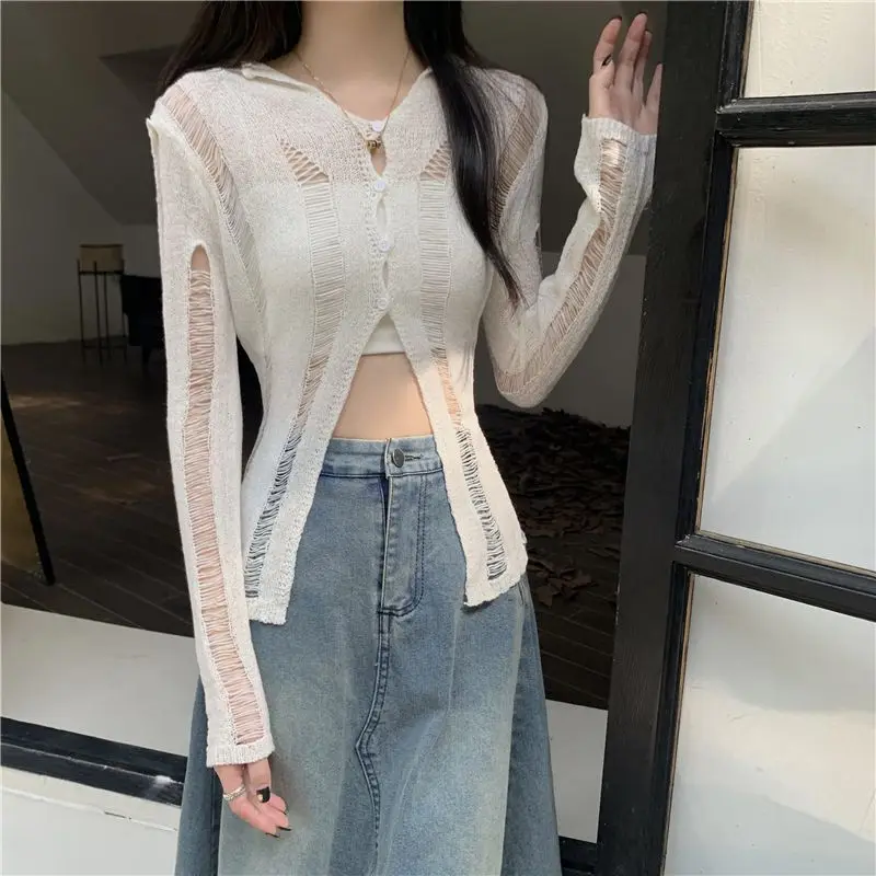 Spring Summer Button Solid Color Sweater Knitted Long Sleeve Hollow Out Cardigan Coats Casual Fashion Women\'s Clothing Tops