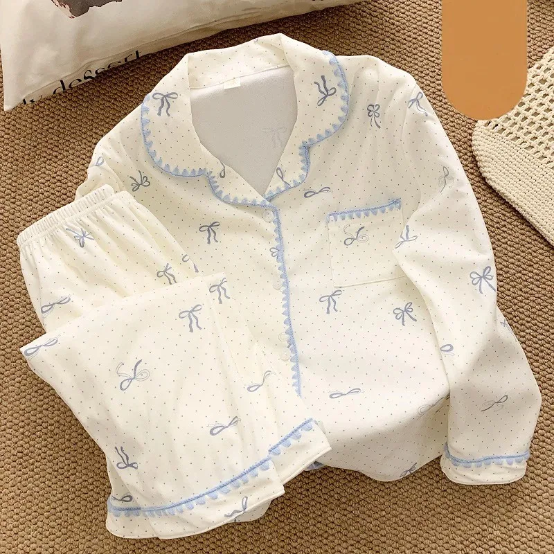 

Embroidery Bow Tie Dot Print Plus Size Women's Sleepwear Sweet Casual Lapel Neck Pajamas Set Autumn Winter New 2 PC Loungewear