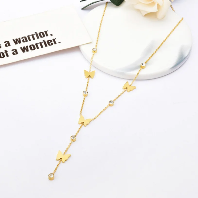 316L Stainless Steel New Fashion Fine Jewelry Embed Zircon Butterfly Tassel Charm Chain Choker Necklaces Pendants For Women
