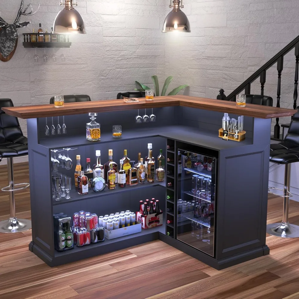 

L Shaped Home Bar Cabinet with Fridge Space, Oversized Modern Basement Bar Table, 67 x 53” Wine Cabinet with Storage.